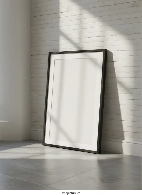 Empty picture frame leaning against white brick wall with shadow