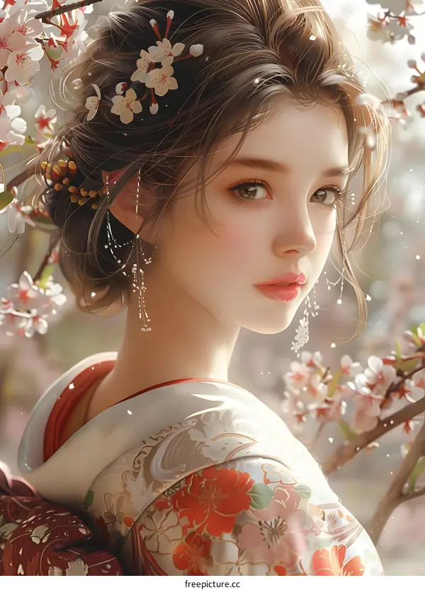 An Asian woman in a kimono standing in a field of cherry blossoms.