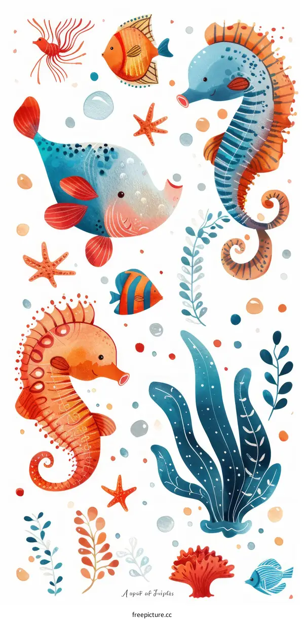A bevy of tropical fish and seahorses
