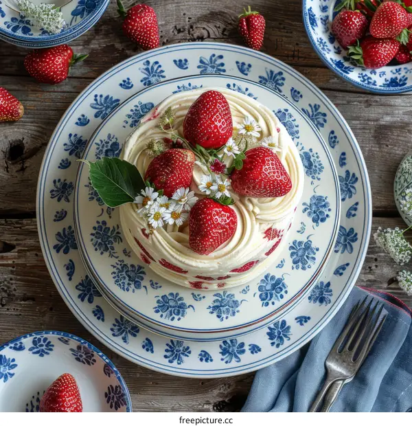 A cake decorated with strawberries and flowers sits on a table
