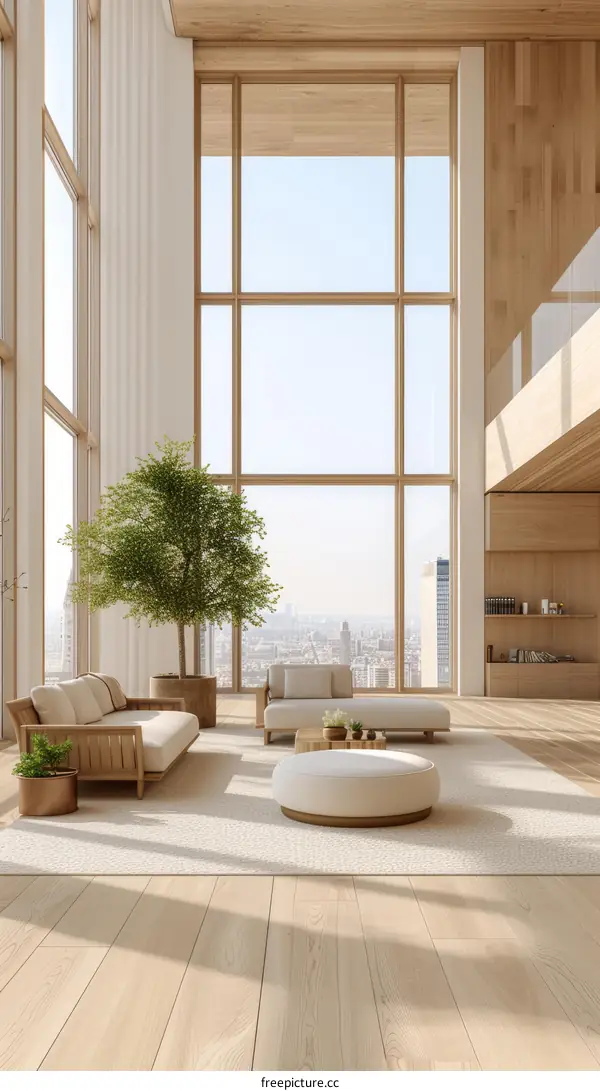 Modern Japanese style house interior living room with large windows