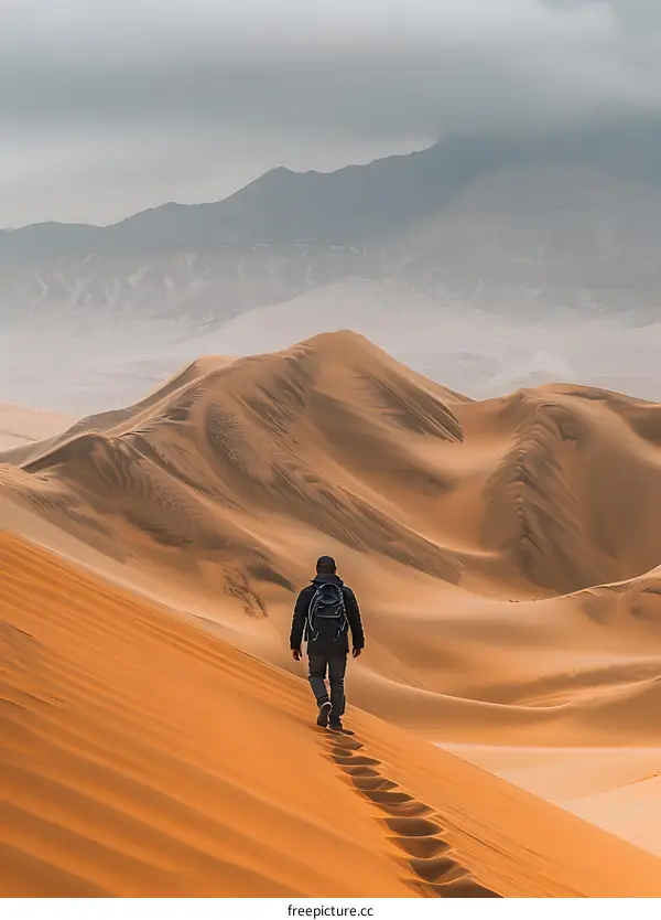 Man Walking Alone Through Sand Dunes in Desert