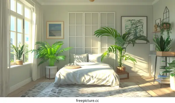 A bright and airy bedroom with a large window, a comfortable bed, and lots of plants