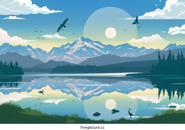 Mountain Lake Sunrise Landscape Illustration