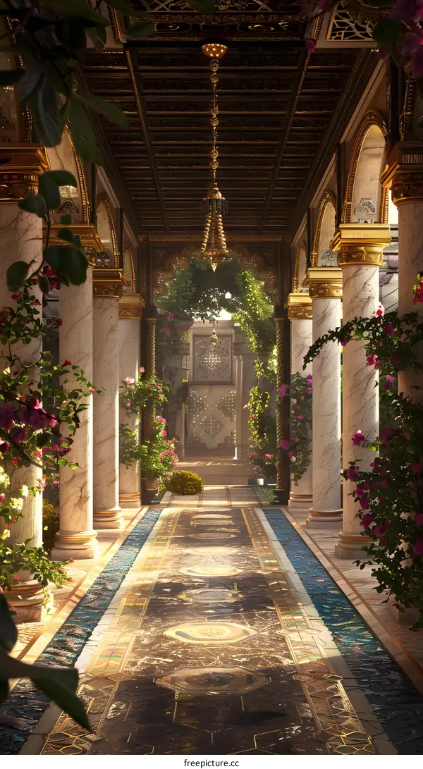 Ornate Courtyard With Columns and Flowers