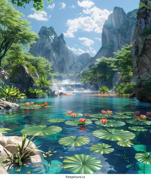 Serene Waterfall Oasis: Tranquil Paradise in Lush Greenery