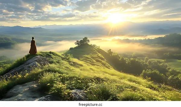 Sunrise Over the Misty Mountains with a Monk