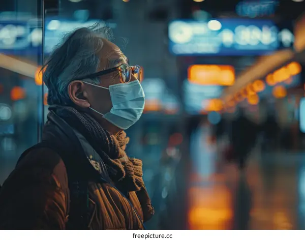 Elderly Asian man wearing a mask in a crowded public place