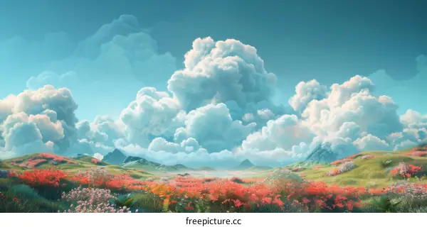 Mesmerizing Fantasy Landscape with Pink Flowers and Blue Sky