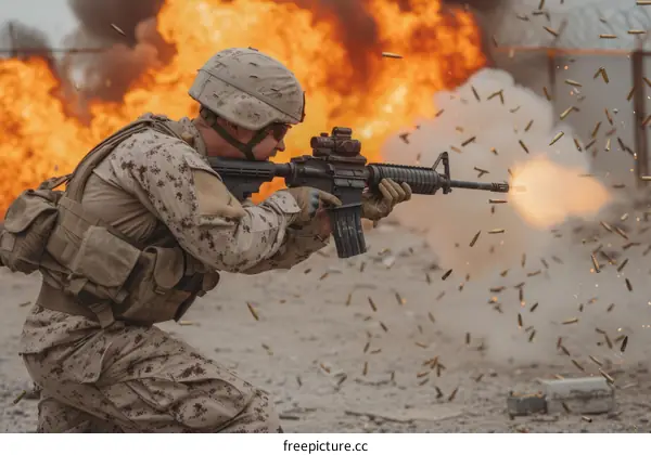A soldier takes cover during a firefight