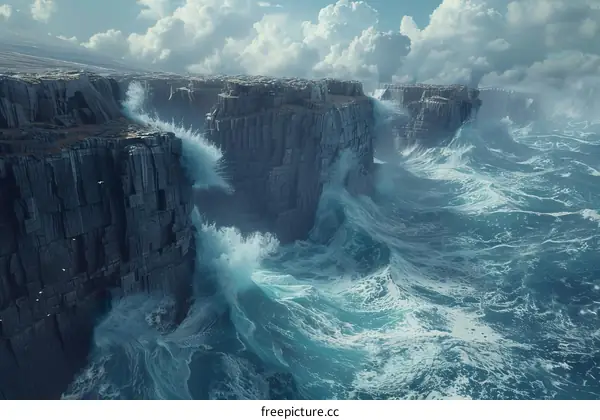 Huge sea waves crashing against a rocky coast