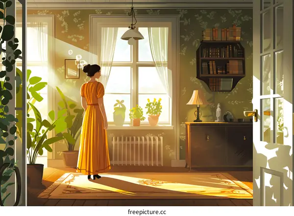 Woman in Yellow Dress Standing by Window in Sunny Room