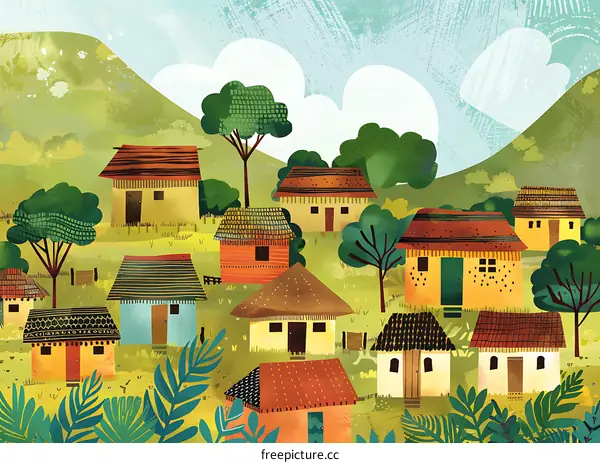 Colorful Illustration of a Village in a Green Landscape