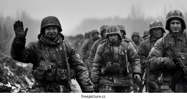 A group of soldiers are walking through a snowy forest.