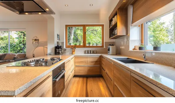 Modern Kitchen with Wooden Cabinets and Granite Countertops