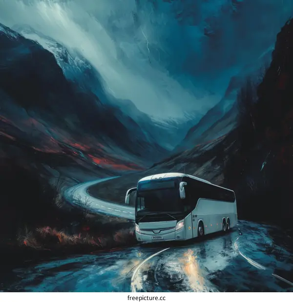 A bus drives through a mountain pass on a stormy night