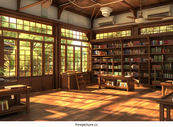 Wooden Library Interior With Bookshelves And Windows