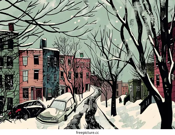 Snowy Street Scene with Houses and Cars