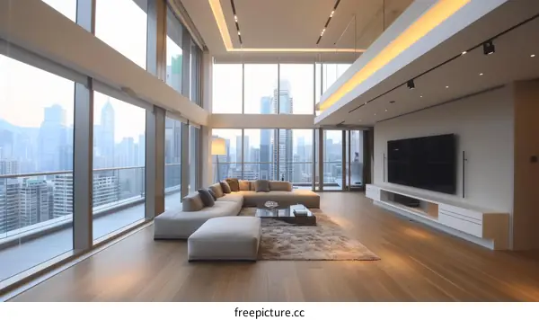 Modern luxury apartment living room with stunning city views