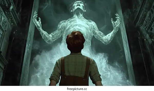 Boy Facing Ethereal Ghost in Dark Hallway