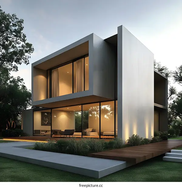 Modern Concrete House with Large Windows and a Wooden Deck