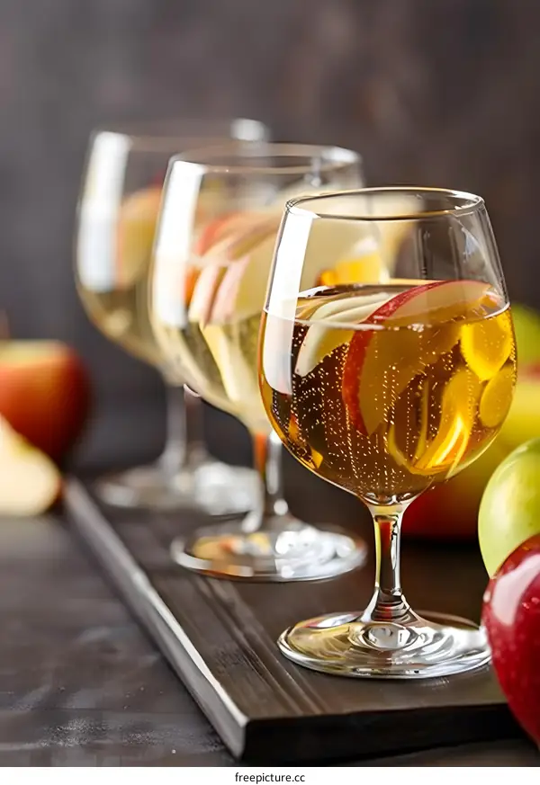 Sparkling Apple Cider with Slices of Apples in Wine Glasses on Wooden Tray