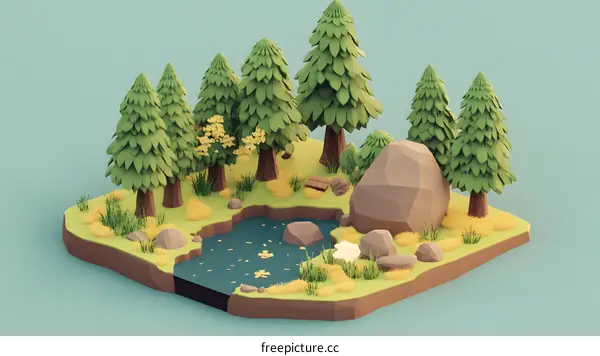 Low Poly Forest Scene with Pond and Rocks