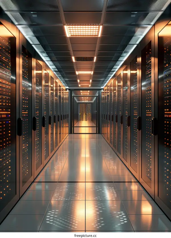 Futuristic data center with rows of server racks containing multiple server blades.