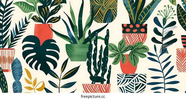 Colorful Tropical Plants In Pots Pattern