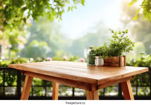Wooden Table Outdoors with Plants