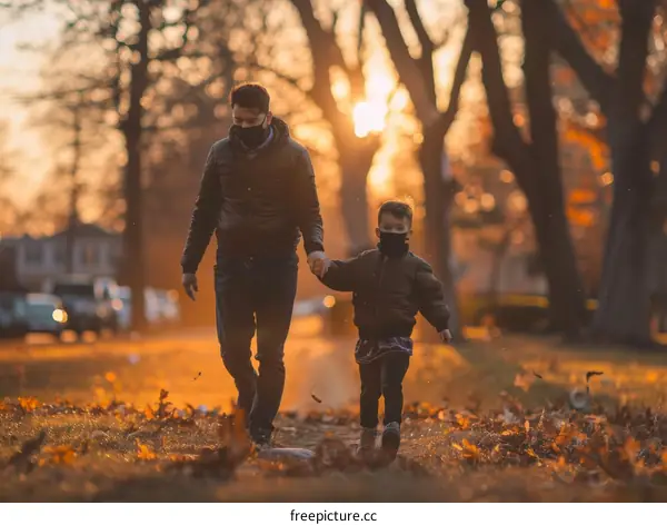Father and son walking in the park in autumn