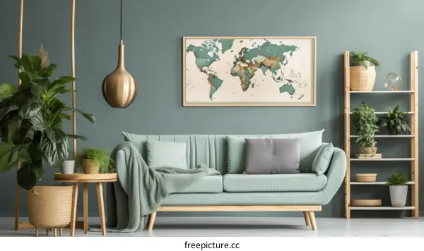 Stylish Living Room with World Map Wall Decor