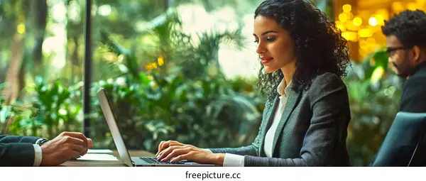 Woman Working on Laptop in Cafe Setting