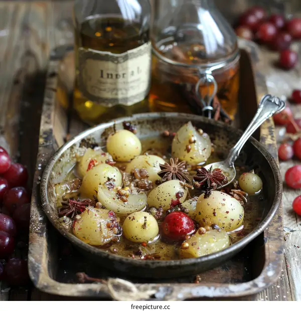 Pickled shallots with spices and red grapes