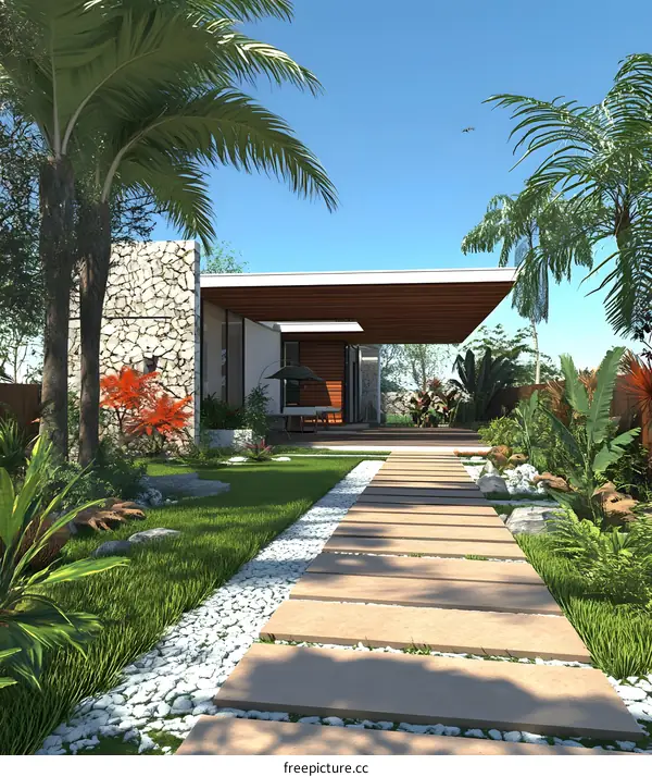 Tropical Modern House with Stone Wall and Palm Trees