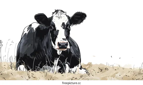 Black and White Cow Lying in Grass Field Illustration