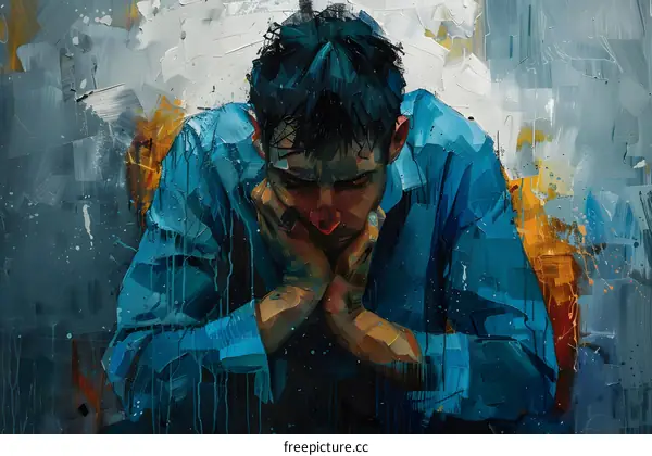 A painting of a man in a blue shirt with his hands on his face