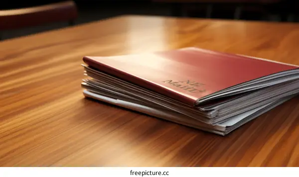 A stack of printed documents on a wooden table