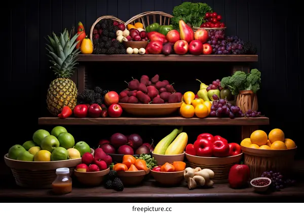 A wooden shelf filled with a variety of fruits and vegetables
