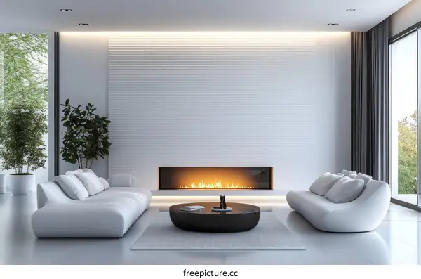 Modern White Living Room with Fireplace