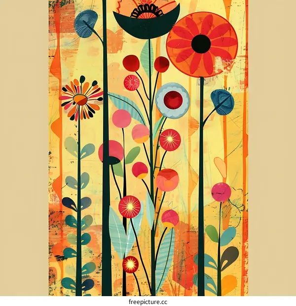 Abstract Floral Illustration with Yellow Background