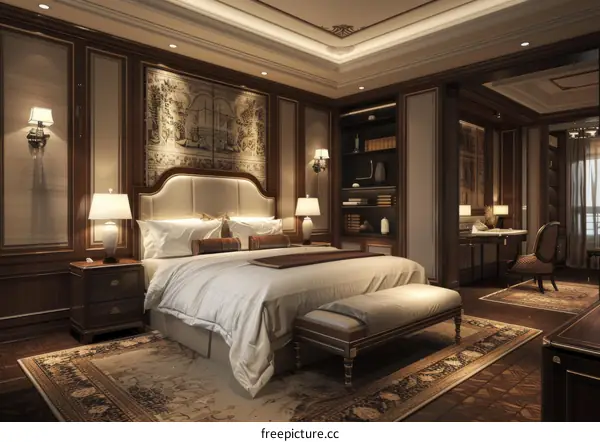 Luxury hotel room interior with a king-sized bed