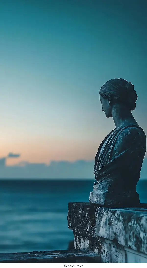 Stone Statue on Cliff Overlooking the Ocean at Sunset