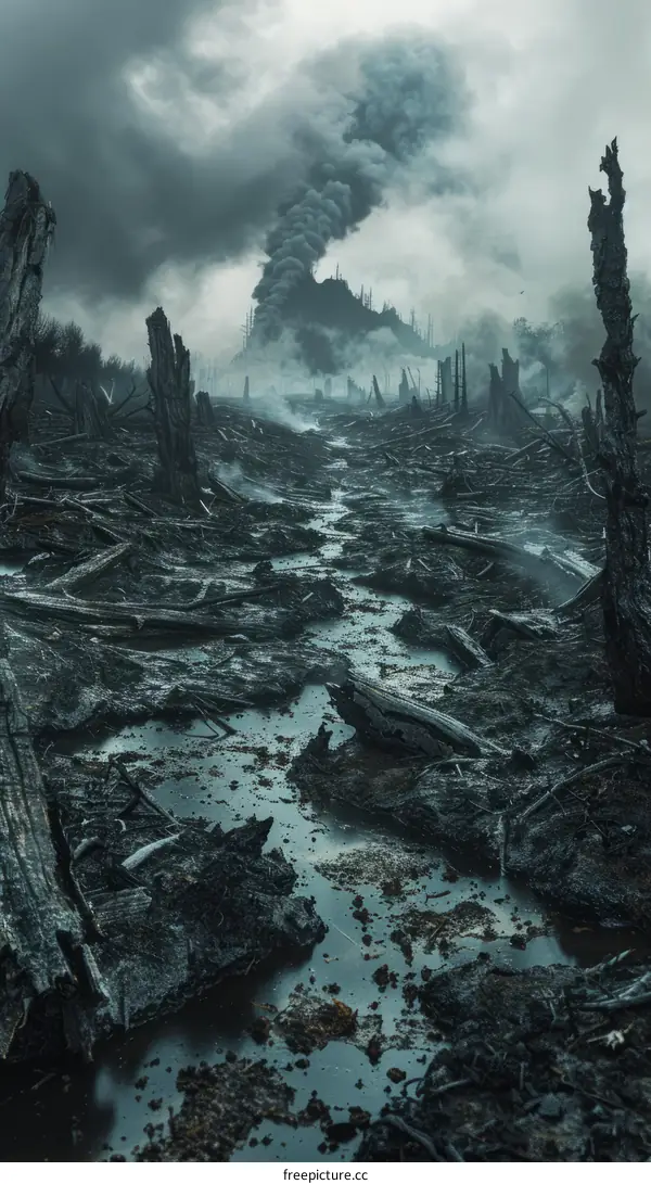 Post-apocalyptic landscape with dead trees and a polluted river