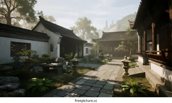 Traditional Chinese courtyard with stone path and green plants