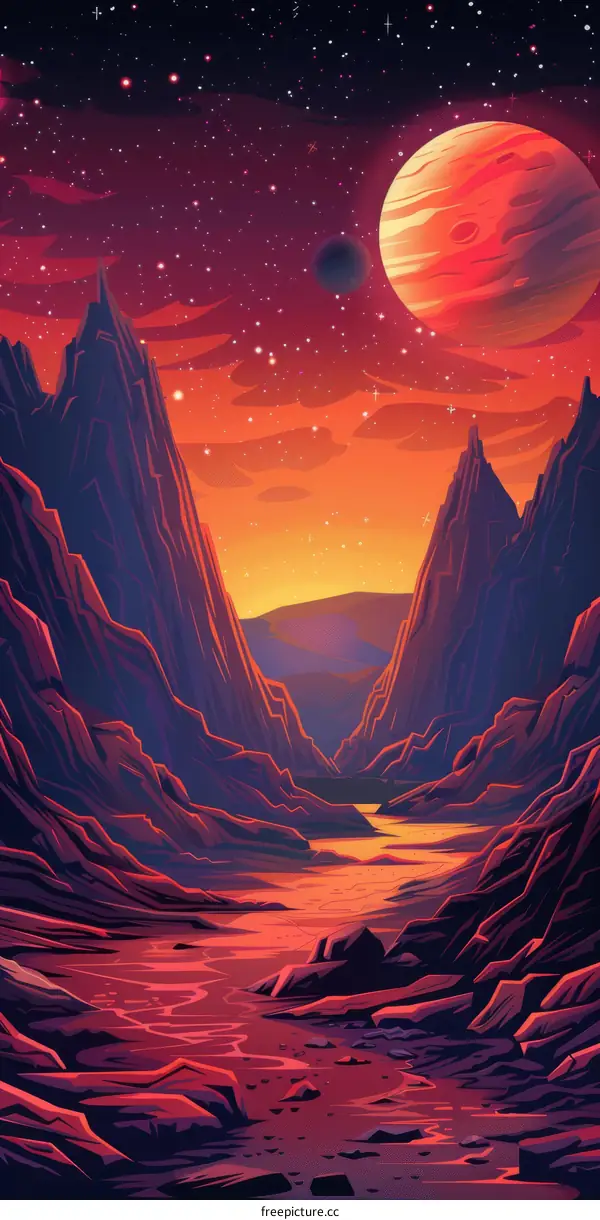 A Red Planet Landscape with River and Mountains