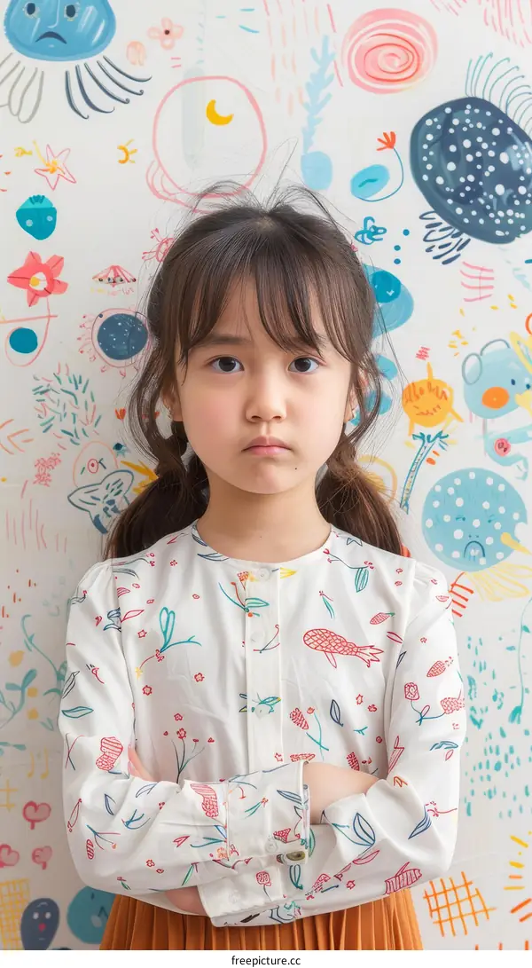 Young girl with brown hair in front of colorful wall art