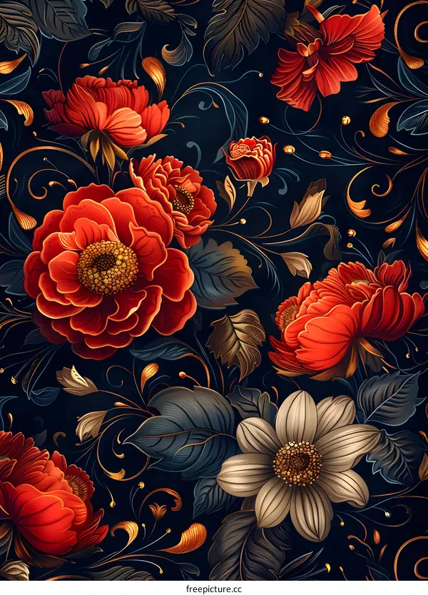 Vintage floral pattern with red and white flowers