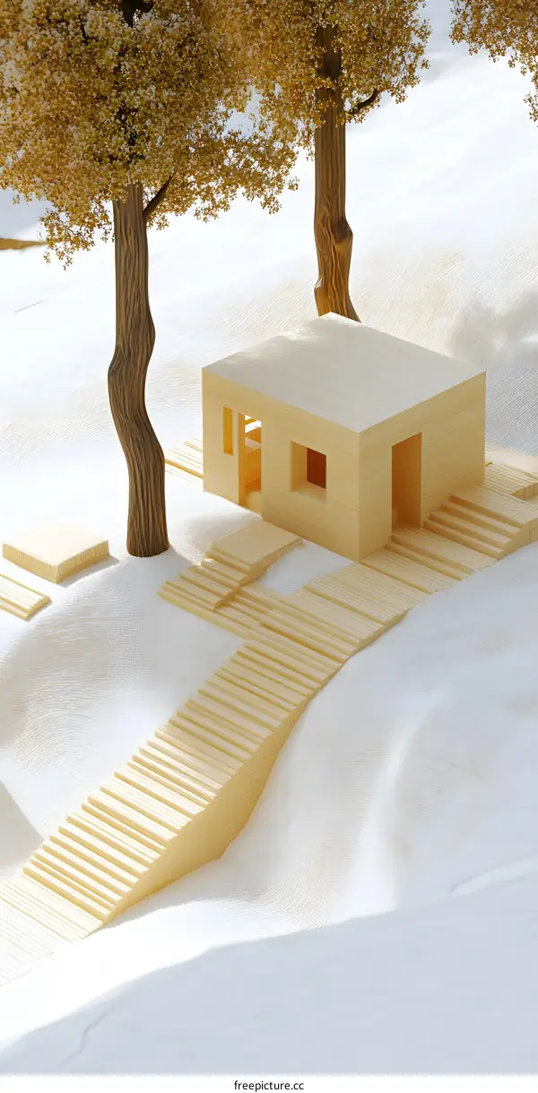Wooden Model Home With Trees and Stairs