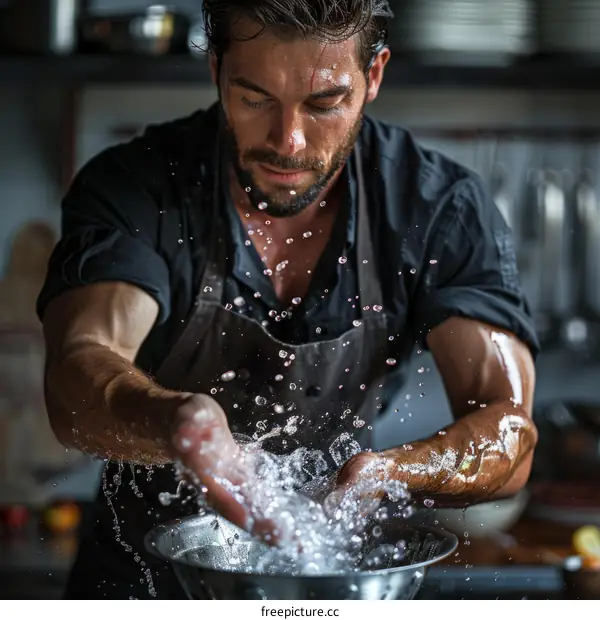 Male chef washing hands in a restaurant kitchen